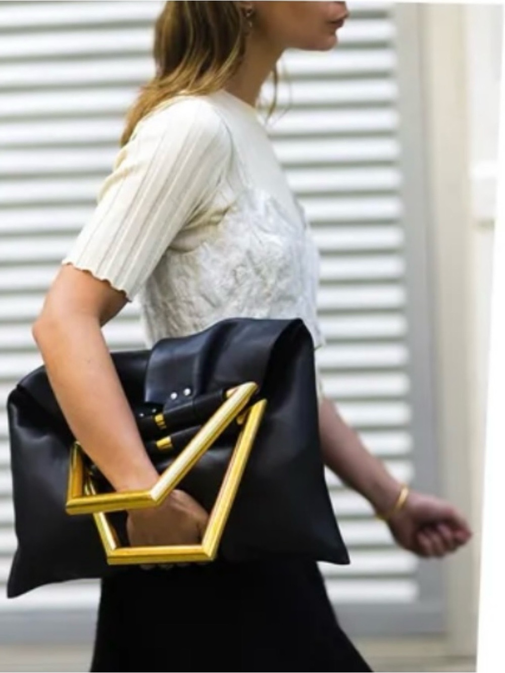 Black Leather Clutch with Gold Geometric Handle
